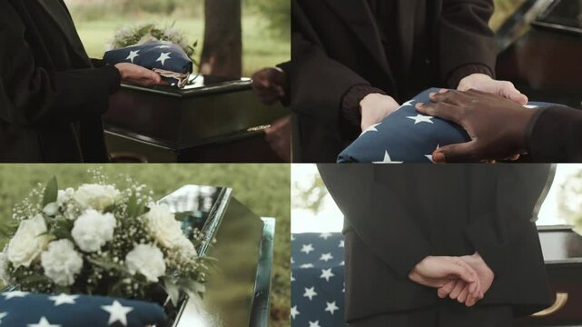 Split screen of military chaplain presenting US burial flag to widow of deceased veteran during outdoor funeral ceremony