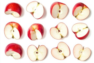 A collection of red apple slices arranged randomly, isolated on a white background.
