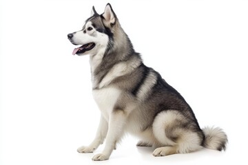 Alaskan malamute sitting confidently on white backdrop, isolate,