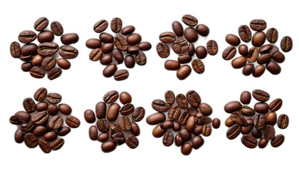 Obraz premium Caffè in chicchi dall'alto- Sei manciate di chicchi di caffè disposti su uno sfondo bianco,_1(64)