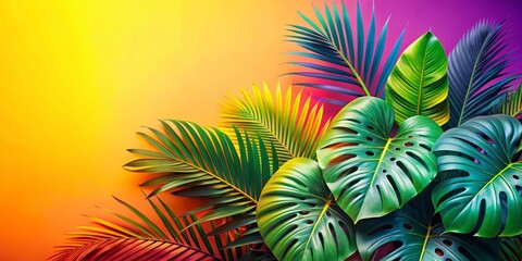 Vibrant and refreshing visual feast featuring exotic leaves on a bright gradient background ideal for outdoor and travel advertising