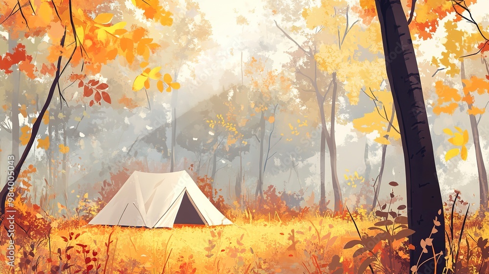 Sticker Drawing of autumn forest landscape with a white tent in it. Autumn camping