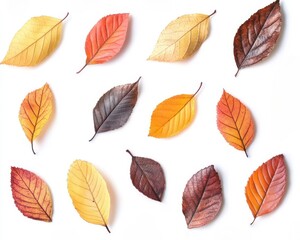 Fototapeta premium A collection of autumn leaves in different shades, neatly laid out on a white background. 