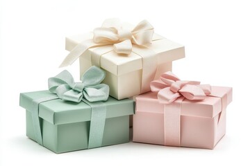 Obraz premium A festive set of 4 gift boxes, wrapped in pastel-colored paper with bows,