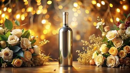 Elegant silver wine bottle with custom label featuring golden typography, surrounded by delicate flowers and greenery, set against a warm, golden-lit background