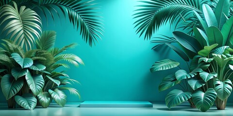 Turquoise Sanctuary offers a gorgeous and peaceful visual retreat, featuring a carefully arranged assembly of tropical leaves on a beautiful cyan background, ideal for conveying calmness and clarity