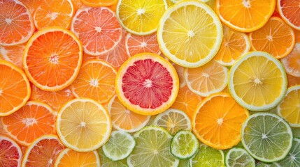 Freshly sliced citrus fruits arranged in a visually striking radial pattern with vibrant colors and glossy textures