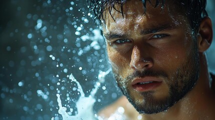 Close-up of a Wet Man with Water Droplets Generative AI