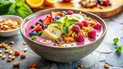 A perfectly composed smoothie bowl with a variety of textures and colors such as crunchy nuts and creamy yogurt on a natural stone countertop against a soft focus background 