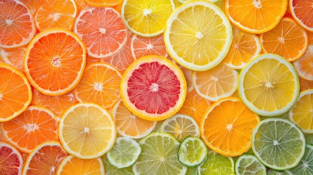 Freshly sliced citrus fruits arranged in a visually striking radial pattern with vibrant colors and glossy textures