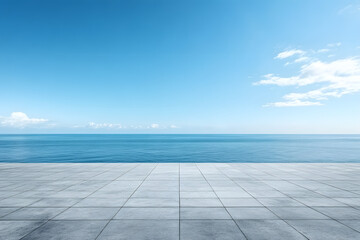 Fototapeta premium Blue sky with empty concrete floor and sea view. Vibrant banner with space for copy. Horizontal image of a calm ocean and clear sky. Ideal for promotional use