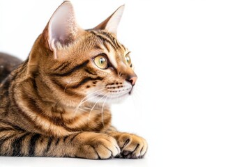 Bengal cat with bright fur patterns on white background, isolate,