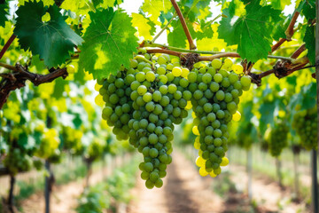 Vibrant clusters of ripe Chardonnay grapes dangle from lush green vines, signaling the peak of the harvest season. generative AI