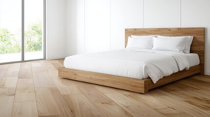 Solid wood bed in a minimalist bedroom, luxurious comfort, crisp white linens, soft natural light from a large window, warm wood floors, clean lines, balanced and serene atmosphere