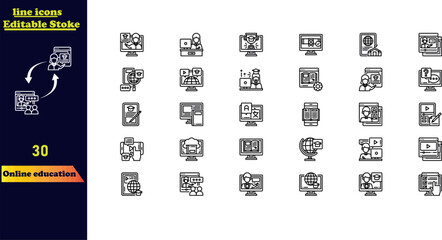 Online education stroke icon set, featuring icons for video tutorials, e-learning, online courses, audio lessons, educational websites, and digital learning.