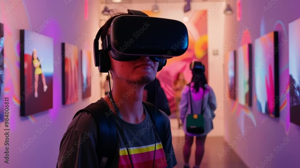 Poster in an interactive gallery, a visitor engages with virtual reality artwork while wearing a vr headset