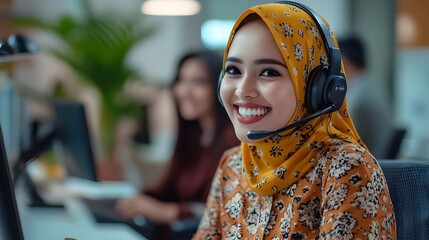 Malay female Customer Service Operator with Headset.