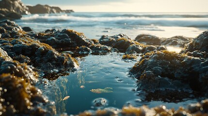 Seaweed Covered Rocks and Tide Pool with Ocean in Background
