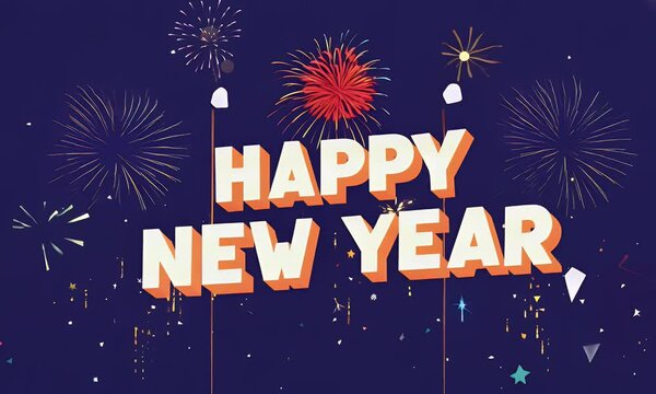 Happy New Year text animation with flat style fireworks exploding in the background, adding dynamic movement