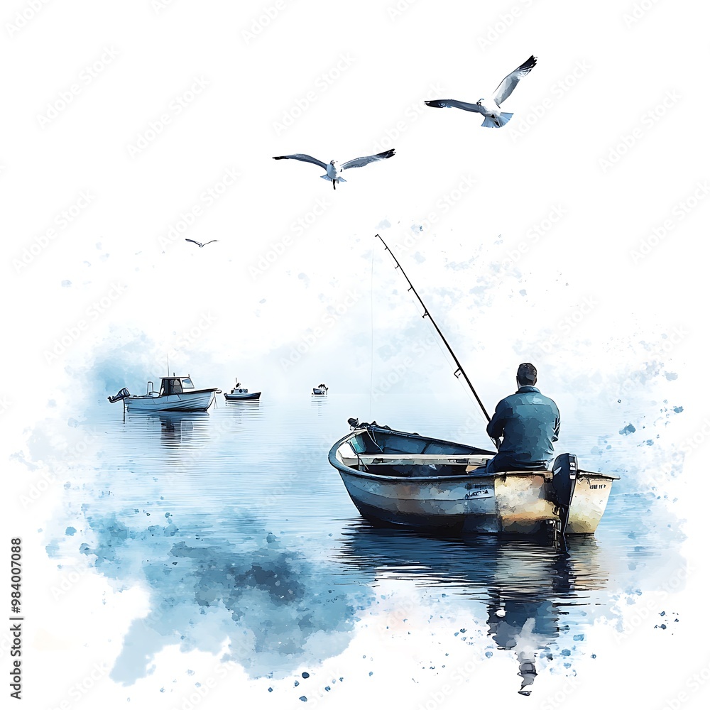 Sticker A lone fisherman in a small boat on a calm blue lake with seagulls flying overhead, watercolor illustration.