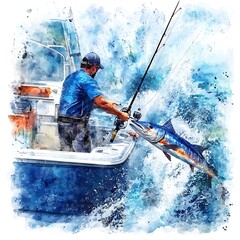 Obraz premium Watercolor Illustration of a Fisherman Battling a Large Fish.