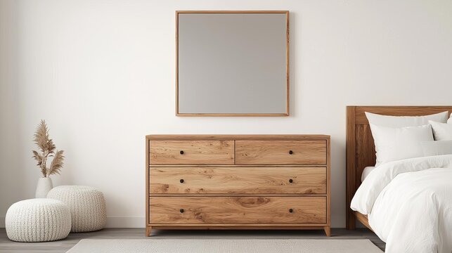 Dark wood dresser in a modern master bedroom, elegant storage, minimalist decor with a large mirror above, soft ambient lighting, rich tones, deep and inviting color palette