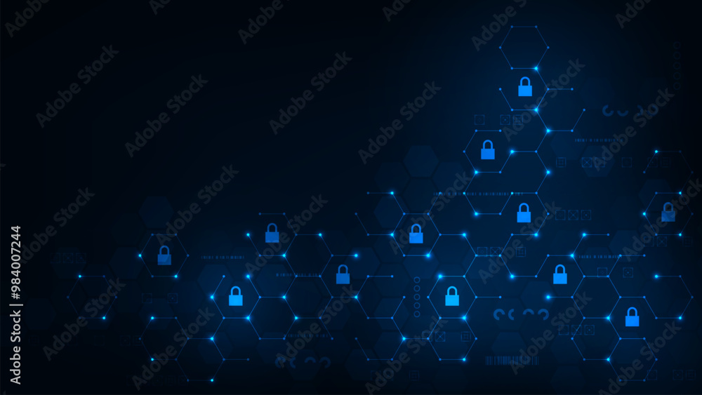 Poster Cyber security concept. Lock symbol with line hexagon technology security network and data security protection on blue background.