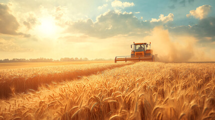 Fototapeta premium Wheat harvesting on field in summer season. modern harvesters with grain header, wide chaff spreader cut and threshes ripe wheat grain . Process of gathering crop by agricultural machinery