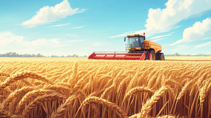 Obraz premium Wheat harvesting on field in summer season. modern harvesters with grain header, wide chaff spreader cut and threshes ripe wheat grain . Process of gathering crop by agricultural machinery