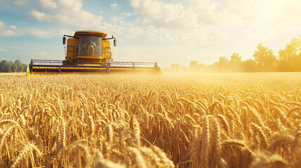 Fototapeta premium Wheat harvesting on field in summer season. modern harvesters with grain header, wide chaff spreader cut and threshes ripe wheat grain . Process of gathering crop by agricultural machinery