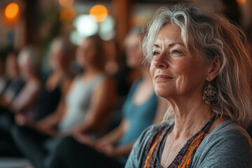 Close-up portrait of senior women at a yoga class, doing breathing exercises in a calm atmosphere. Peaceful, she meditating with a group of people for emotional well-being and mental health care. 