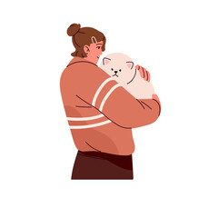 Happy girl loves her cute dog, cuddles. Owner hugs little fluffy puppy. Young woman holds pomeranian spitz in hands, embraces amusing toy pet. Flat isolated vector illustration on white background