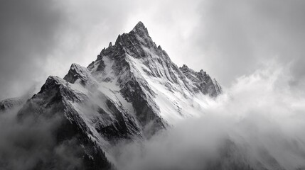 Majestic Snowy Mountain Peak Emerging from Clouds