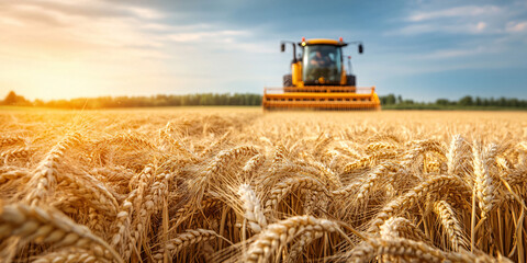 Fototapeta premium Wheat harvesting on field in summer season. modern harvesters with grain header, wide chaff spreader cut and threshes ripe wheat grain . Process of gathering crop by agricultural machinery
