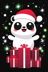 Cute Panda Bear Wearing Santa Hat with Christmas Gifts
