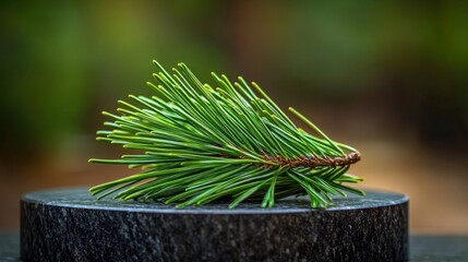 Pine needle cluster display: A small cluster of pine needles arranged on a black granite podium. The lighting highlights the deep green color 