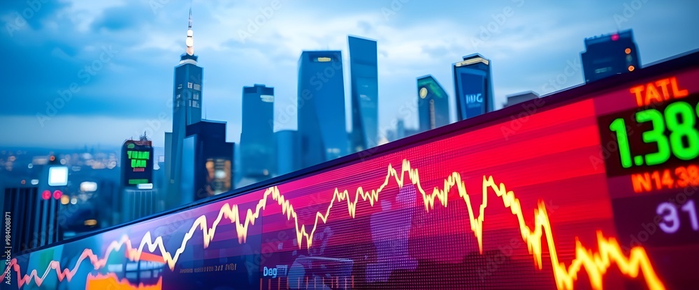 Poster a vibrant image of a digital stock market ticker running across the frame, displaying rising and fal