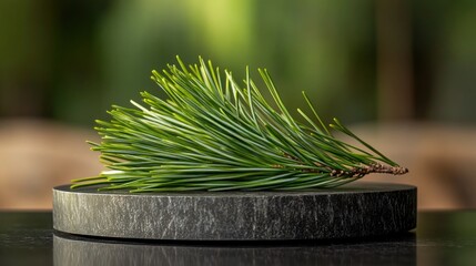 Pine needle cluster display: A small cluster of pine needles arranged on a black granite podium. The lighting highlights the deep green color 
