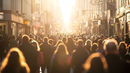 Shoppers and crowds on a busy street, blurred motion, sunlight shining brightly.