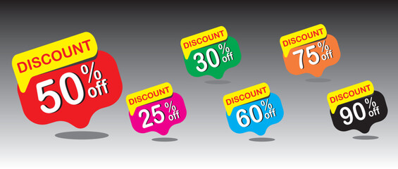 Discount buy now label pop-up banner with different sale percentage. 25, 30, 60, 50, 75, 90 percent off price reduction badge promotion
