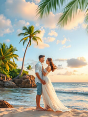 Couple relax on summer beach enjoying beautiful sea on tropical island. Honeymoon, wedding, anniversary destination scenic, romantic love couple enjoying sunset light under palm leaves. AI generated