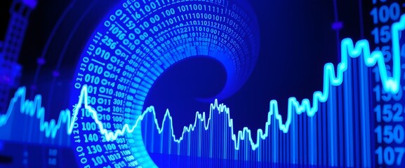 A spiral of binary code extends from the center of the image, overlaid with a waveform chart representing fluctuating market conditions.