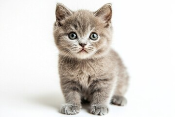 Fototapeta premium British Shorthair kitten sitting in a playful pose on white background, isolate,