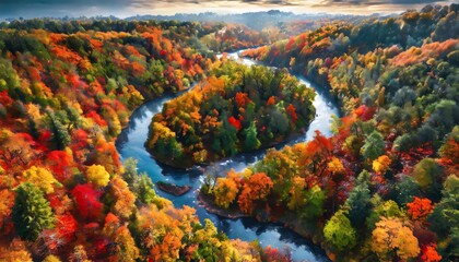 Obraz premium Aerial view of a vibrant autumn forest with a winding river, showcasing the beauty of fall foliage against a stunning natural landscape 