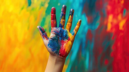 Child s colorful painted hand raised against a bright background symbolizing creativity and playful expression in a joyful scene