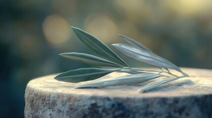 Olive leaf on stage: A pair of slender olive leaves resting on a stone podium. The leaves' subtle green and silver tones are accentuated by soft lighting, with a inspired blurred background.