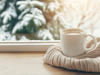 A cup of hot coffee sits on the table. Morning light outside the window in winter.