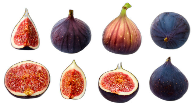  Fichi dall'alto- Sei set di fichi su uno sfondo bianco. Ogni set comprende un fico intero, _1(104)