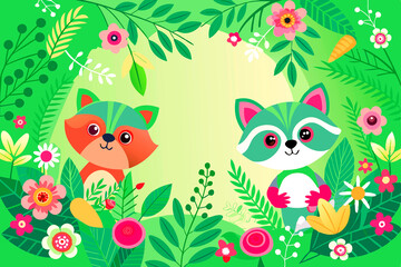 Two funny raccoons in a green frame of red flowers