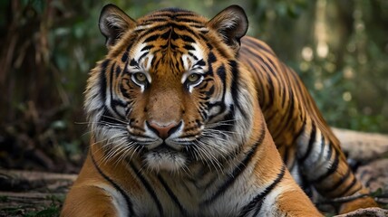 Fototapeta premium A serene photograph of a tiger resting in a forest setting The tiger's calm expression and relaxed posture provide a glimpse into its natural world, while the dense forest enhance the wild atmosphere